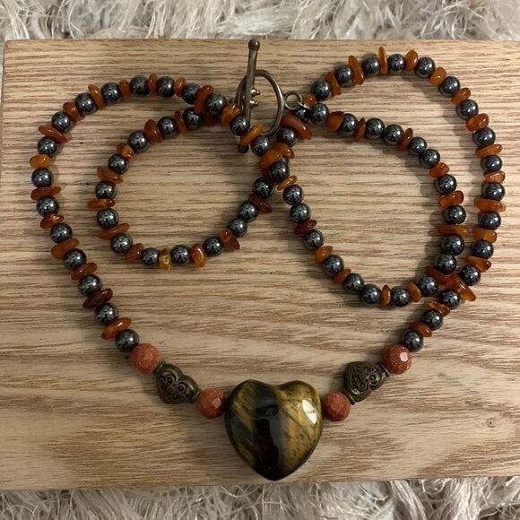Handmade Tigers Eye-Goldstone-Hematite  Heart Necklace - Picture 1 of 11